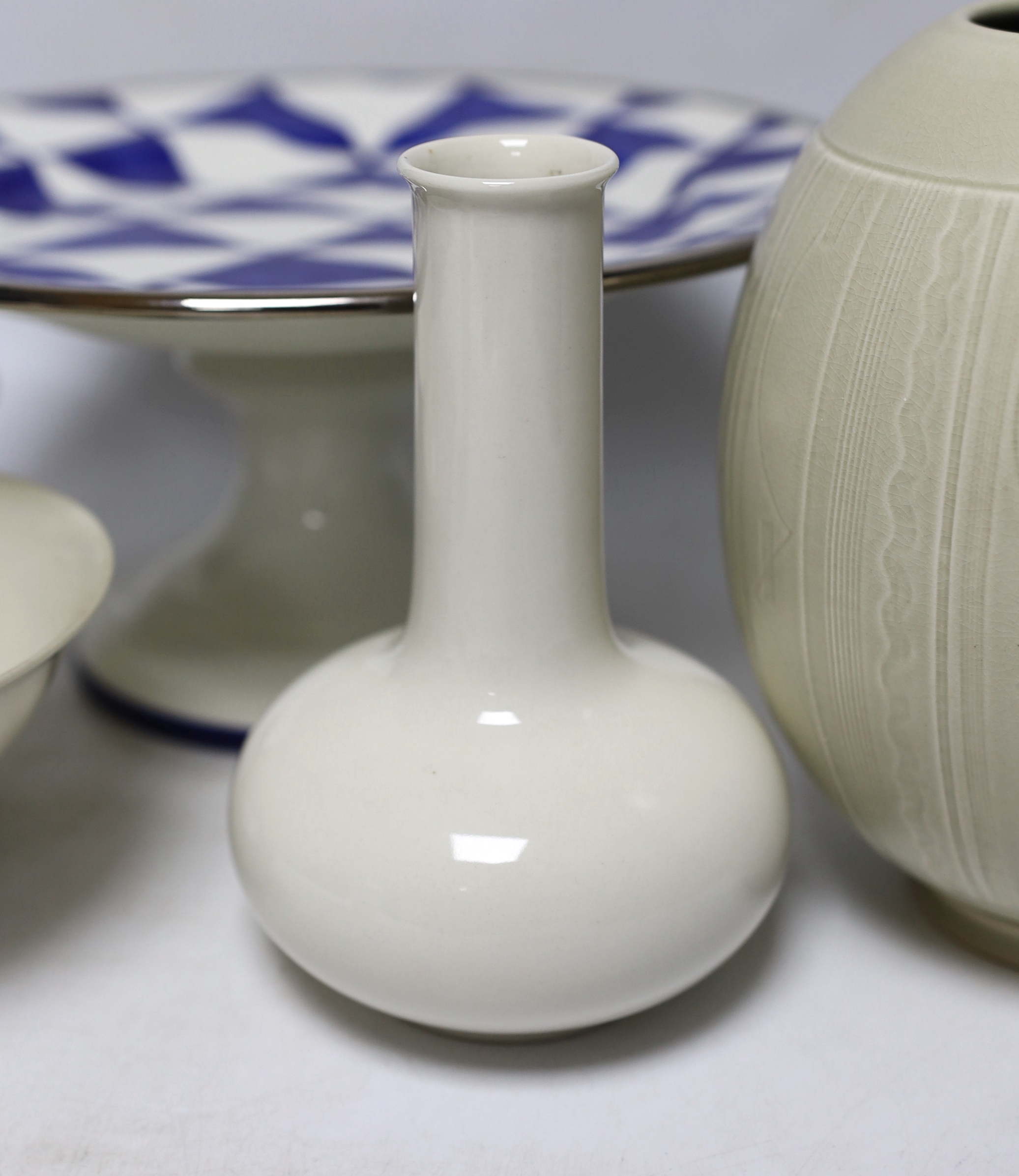 A Danish ovoid vase and other ceramics including a Tiffany & Co. pedestal dish, a Wedgwood bowl, a Copenhagen bottle vase, a Limoges vase and a Chinese stem bowl, tallest 18cm